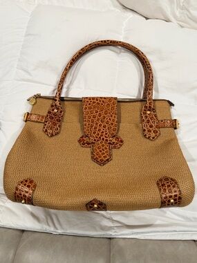 Eric Javits Tan Woven Tote with Cognac Croc-Embossed Trim